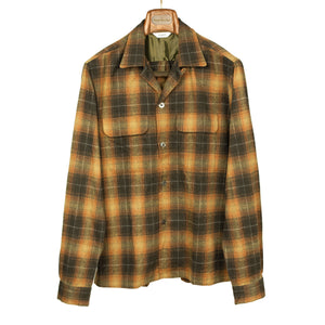 Open collar shirt in tan & chocolate shadow plaid cotton flannel