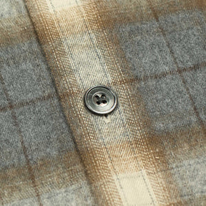 Open collar shirt in grey & beige shadow plaid cotton flannel