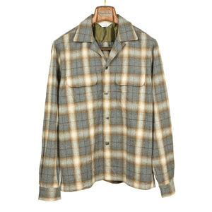 Open collar shirt in grey & beige shadow plaid cotton flannel