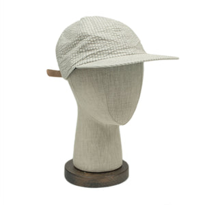 Baseball cap in salt and grey stripe cotton seersucker
