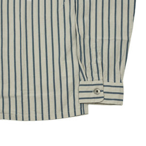 Open collar shirt in blue awning stripe cotton and linen chambray
