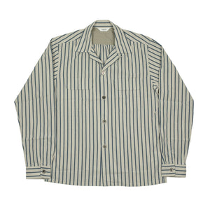 Open collar shirt in blue awning stripe cotton and linen chambray
