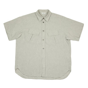 Short sleeve fatigue shirt in salt and grey stripe cotton seersucker