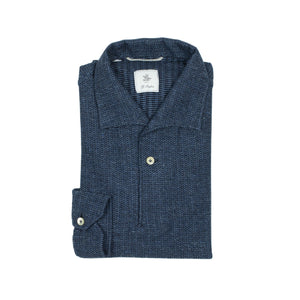 Mixed blue grenadine-knit cotton long-sleeve polo shirt, one-piece collar (restock)