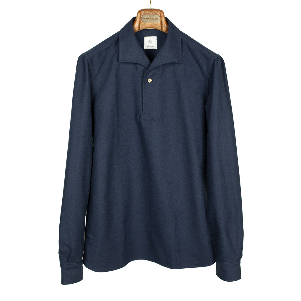 Navy cotton moleskin long-sleeve polo shirt, one-piece collar – No Man ...