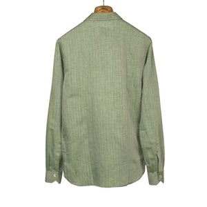 Green linen wool herringbone popover shirt, one-piece "Miami" collar