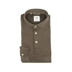 Long-sleeve polo shirt with soft collar, Brown double-face cotton cashmere