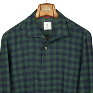Green and blue check cotton popover shirt, one-piece "Miami" collar