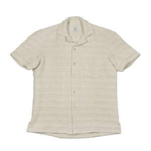 Camp collar cotton linen & wool short sleeve shirt, ecru wide textured stripe