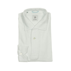 Long sleeve grenadine-knit cotton polo with one-piece collar, white (restock)