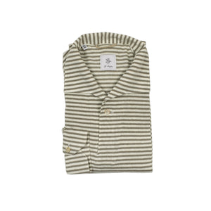 Long sleeve cotton jersey polo shirt with one-piece collar, beige and ecru horizontal stripe (restock)