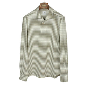 Long sleeve cotton jersey polo shirt with one-piece collar, beige and ecru horizontal stripe (restock)