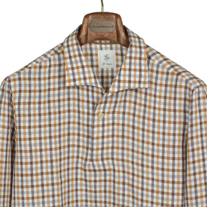 Long sleeve popover shirt in browns and blues checked linen, one-piece Miami collar