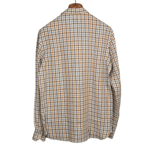 Long sleeve popover shirt in browns and blues checked linen, one-piece Miami collar