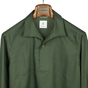 Long sleeve polo in dark green superfine cotton pique, one-piece Miami collar