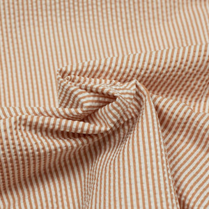 Tan stripe cotton seersucker popover shirt, Capri one-piece collar