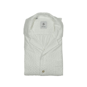 Camp collar short sleeve shirt, white modal mix fabric with tonal flocked spots