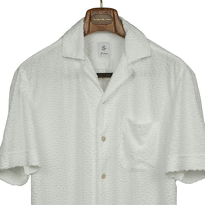 Camp collar short sleeve shirt, white modal mix fabric with tonal flocked spots