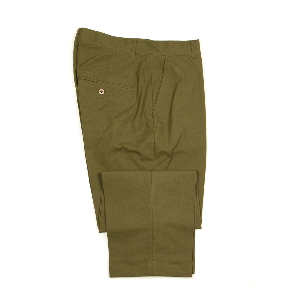 IKIJI Flat front chinos in olive crisp high density cotton – No Man ...