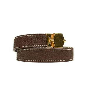 Long belt with vintage brass pin buckle in Teck brown tumbled leather