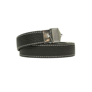 Long belt with vintage brass pin buckle in black tumbled leather