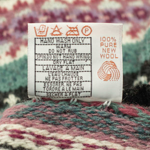 Fair Isle crewneck sweater, wildberry, plum, frost blue, and charcoal