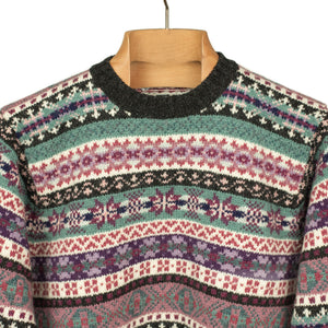 Fair Isle crewneck sweater, wildberry, plum, frost blue, and charcoal