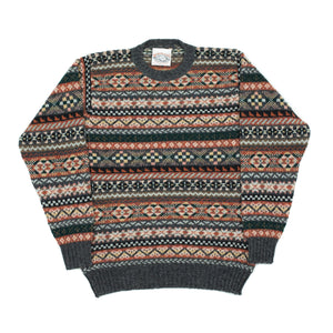 Fair Isle crew-neck sweater, charcoal, rust, brown & coral (restock)
