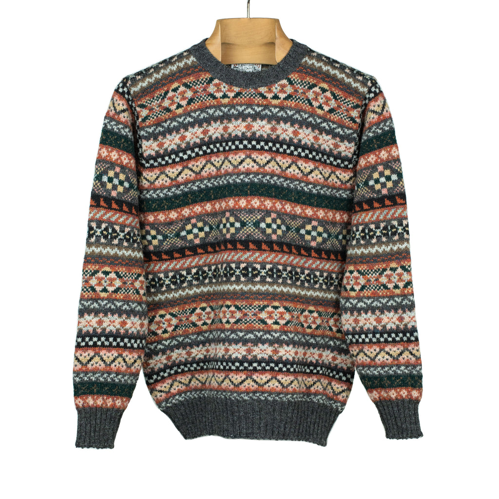 Jamieson's Fair Isle crew-neck sweater, charcoal, rust, brown & pink ...