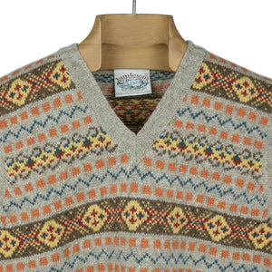 The Duke Fair Isle v-neck sweater vest, greige, orange, brown & blue (restock)