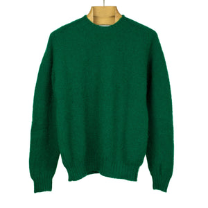 Shaggy brushed Shetland wool crewneck sweater, Tartan green (restock)
