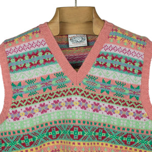 Fair Isle v-neck sweater vest, watermelon pink, mint green, red, and lilac (restock)