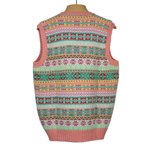 Fair Isle v-neck sweater vest, watermelon pink, mint green, red, and lilac (restock)