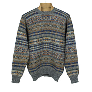 Fair Isle crew-neck sweater, mixed grey, navy & tobacco (restock)