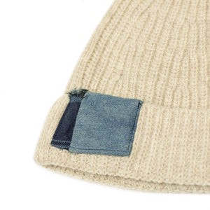 Watch cap in ecru boro patched wool