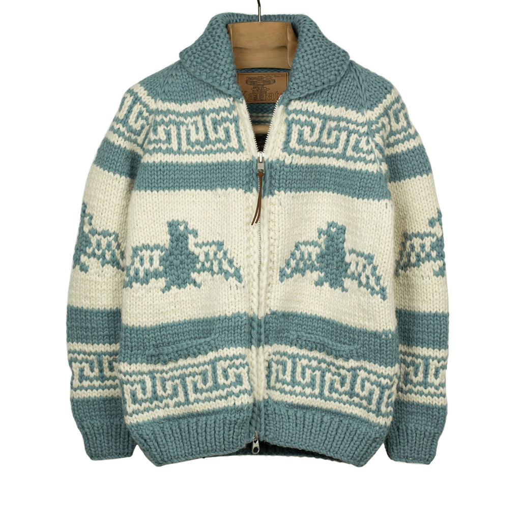 Kanata Eagle hand-knit Cowichan cardigan, country blue & white, 6-ply ...
