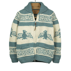 Eagle hand-knit Cowichan cardigan, country blue & white, 6-ply wool
