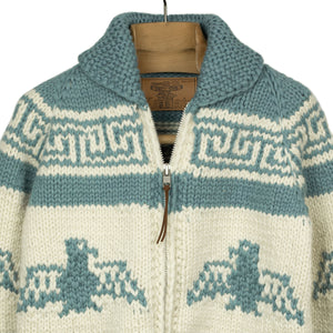 Eagle hand-knit Cowichan cardigan, country blue & white, 6-ply wool