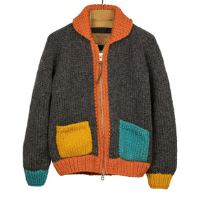Exclusive hand-knit Cowichan cardigan in charcoal, orange, yellow and teal 6-ply, wool