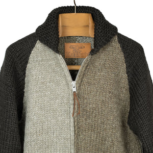 Exclusive hand-knit color-blocked Cowichan cardigan in shades of brown, 6-ply wool (restock)