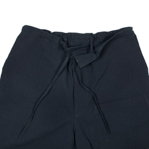 Drawstring easy pants in navy cotton and silk seersucker