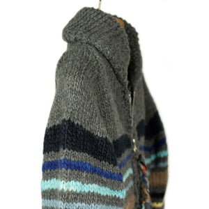 Chamula handknit cowichan style zipped cardigan in dark grey striped Merino wool (restock)