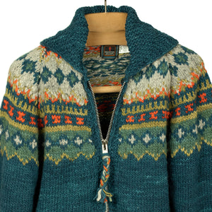 Chamula handknit cowichan-style zipped cardigan in Agean blue fair isle merino wool (restock)