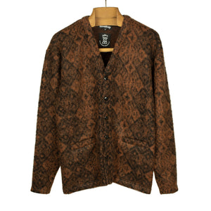 Shaggy v-neck cardigan in brown and black "talisman" pattern