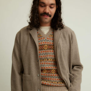 x No Man Walks Alone: Lounge jacket in deadstock taupe crosshatch wool