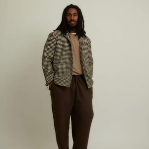 x No Man Walks Alone: Lounge Jacket in ebony and cream check undyed wool