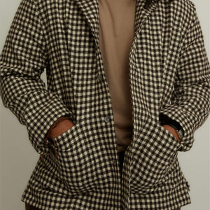x No Man Walks Alone: Lounge Jacket in ebony and cream check undyed wool