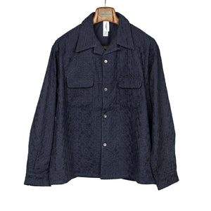 Open collar shirt jacket in navy flower embroidered cotton muslin