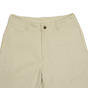 Flat front trousers in natural slubby handwoven cotton denim