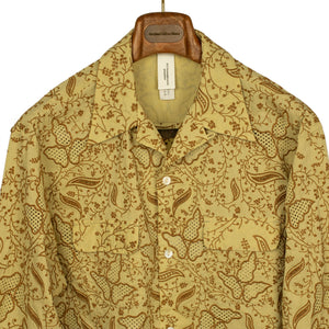 Embroidered open collar shirt in wheat embroidered lightweight cotton muslin